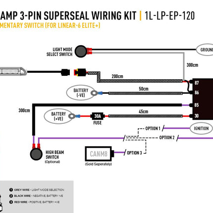 Single lamp cable set with momentary switch for 1x Linear-6 Elite+ (3-pin, Superseal, 12V)
